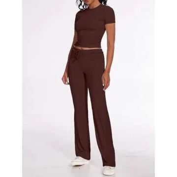AnotherChill Women's 2 Piece Lounge Sets Straight Leg Pants Set Short Sleeve Crop T-shirt Casual Outfits Comfy Loungewear (Chocolate, Large)