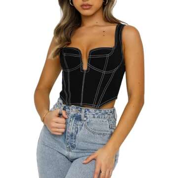 MOALLUOM Deep V Neck Sleeveless Corset Crop Top Bustier Y2K Denim Zip Back Coconut Girl Cottagecore ...