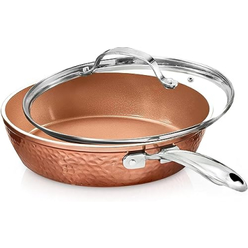 GOTHAM STEEL Hammered Copper 12 Inch Non Stick Frying Pan with Lid, Non Toxic Ceramic Pan for Cookin...