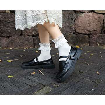 SEMOHOLLI Women's Ankle Socks - Pearl Lace Ruffle Frilly Comfortable No-Show Cotton Princess Lace Socks