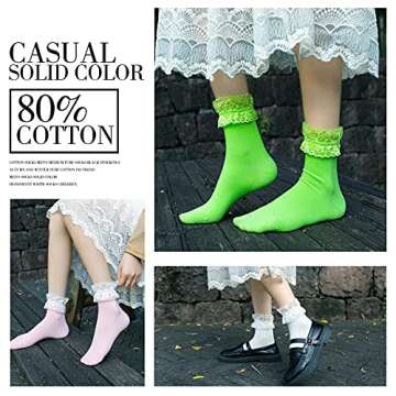 SEMOHOLLI Women's Ankle Socks - Pearl Lace Ruffle Frilly Comfortable No-Show Cotton Princess Lace Socks