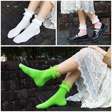 SEMOHOLLI Women's Ankle Socks - Pearl Lace Ruffle Frilly Comfortable No-Show Cotton Princess Lace Socks