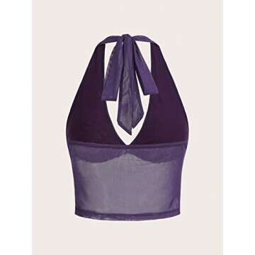 COZYEASE Women's Y2K Sheer Mesh Tie Back Halter Top Floral Print Rhinestone Cami Tops Backless Crop Tee Purple L