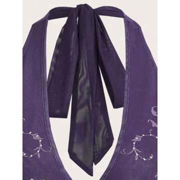 COZYEASE Women's Y2K Sheer Mesh Tie Back Halter Top Floral Print Rhinestone Cami Tops Backless Crop Tee Purple L