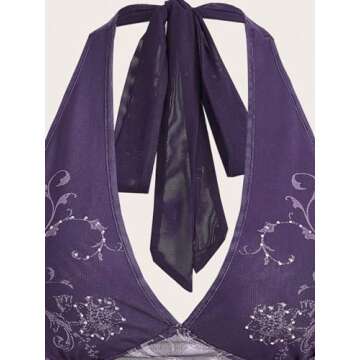 COZYEASE Women's Y2K Sheer Mesh Tie Back Halter Top Floral Print Rhinestone Cami Tops Backless Crop Tee Purple L