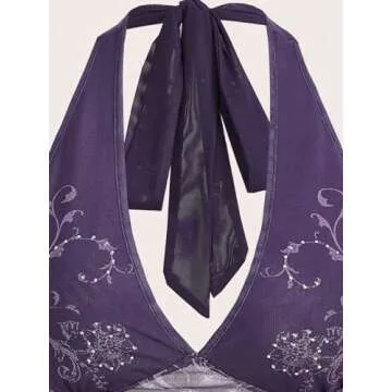 COZYEASE Women's Y2K Sheer Mesh Tie Back Halter Top Floral Print Rhinestone Cami Tops Backless Crop Tee Purple L