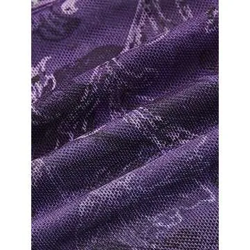 COZYEASE Women's Y2K Sheer Mesh Tie Back Halter Top Floral Print Rhinestone Cami Tops Backless Crop Tee Purple L