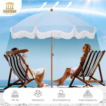 HERA'S PALACE 7 ft Heavy Duty Beach Umbrella with Sand Anchor, Fringe Umbrella for Sand, UV 50+, Pat...