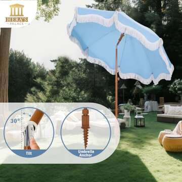 HERA'S PALACE 7 ft Heavy Duty Beach Umbrella with Sand Anchor, Fringe Umbrella for Sand, UV 50+, Patio Umbrella with Tilt Pole for Garden Pool Backyard