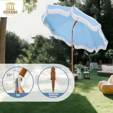 HERA'S PALACE 7 ft Heavy Duty Beach Umbrella with Sand Anchor, Fringe Umbrella for Sand, UV 50+, Patio Umbrella with Tilt Pole for Garden Pool Backyard