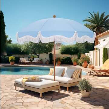HERA'S PALACE 7 ft Heavy Duty Beach Umbrella with Sand Anchor, Fringe Umbrella for Sand, UV 50+, Patio Umbrella with Tilt Pole for Garden Pool Backyard