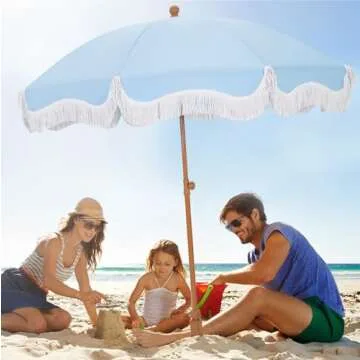 HERA'S PALACE 7 ft Heavy Duty Beach Umbrella with Sand Anchor, Fringe Umbrella for Sand, UV 50+, Patio Umbrella with Tilt Pole for Garden Pool Backyard