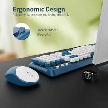 Blue Colorful Wireless Keyboard and Mouse,Cute Retro Typewriter Computer Keyboard and Mouse Sets,Ful...
