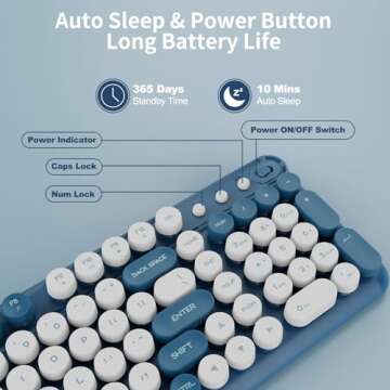 Blue Colorful Wireless Keyboard and Mouse,Cute Retro Typewriter Computer Keyboard and Mouse Sets,Full Size 2.4G Cordless Colorful Round Keycaps Keyboard with Mouse for PC Window Laptop Home Office