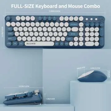 Blue Colorful Wireless Keyboard and Mouse,Cute Retro Typewriter Computer Keyboard and Mouse Sets,Full Size 2.4G Cordless Colorful Round Keycaps Keyboard with Mouse for PC Window Laptop Home Office