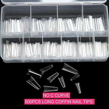 500pcs No C Curve XL Coffin Nail Tips, SWETIDY Clear Long Coffin Shaped Acrylic Fake Nails Flattened Half Cover False Nails with Box for Nail Salon Professional and DIY Nail Art 10 Sizes