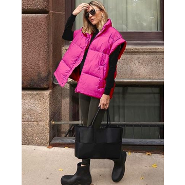 Daacee Women's Oversized Puffer Vest Lightweight Warm Cap Sleeve Puffy Bubble Outerwear Vests with Pockets(0650-HotPink-XL)