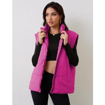 Daacee Women's Oversized Puffer Vest Lightweight Warm Cap Sleeve Puffy Bubble Outerwear Vests with Pockets(0650-HotPink-XL)
