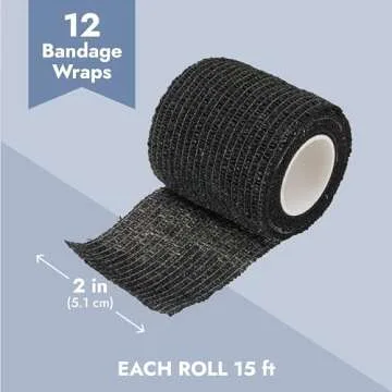 Juvale 12 Rolls Adhesive Bandage Wrap - 2 in x 5 Yds Cohesive Vet Wrap - Breathable Elastic Tape for Wrist, Sports, Tattoo, Swelling, and Injury - Black Athletic Tape