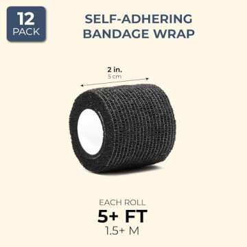 Juvale 12 Rolls Adhesive Bandage Wrap - 2 in x 5 Yds Cohesive Vet Wrap - Breathable Elastic Tape for Wrist, Sports, Tattoo, Swelling, and Injury - Black Athletic Tape