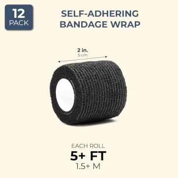 Juvale 12 Rolls Adhesive Bandage Wrap - 2 in x 5 Yds Cohesive Vet Wrap - Breathable Elastic Tape for Wrist, Sports, Tattoo, Swelling, and Injury - Black Athletic Tape