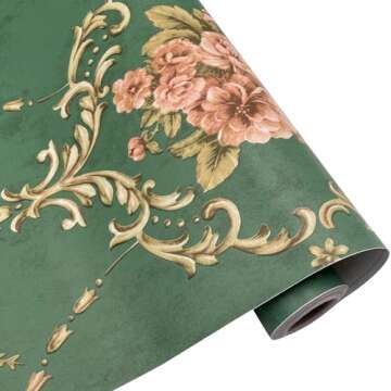 Yifasy Furniture Liner Green Royal Floral Shelf Drawer Lining Paper Self-Adhesive PVC Waterproof Cabinet Door Sticker 118x17.7 Inch