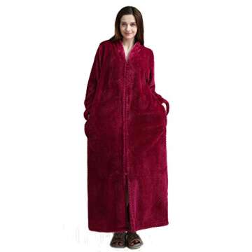 Women's Zip Front Bathrobe Premium Flannel Fleece Plush Caftan Soft Long Robe Warm Housecoat, Rose-XL