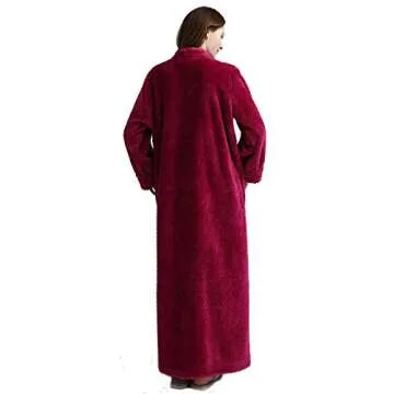 Women's Zip Front Bathrobe Premium Flannel Fleece Plush Caftan Soft Long Robe Warm Housecoat, Rose-XL