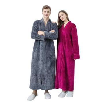 Women's Zip Front Bathrobe Premium Flannel Fleece Plush Caftan Soft Long Robe Warm Housecoat, Rose-XL