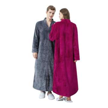Women's Zip Front Bathrobe Premium Flannel Fleece Plush Caftan Soft Long Robe Warm Housecoat, Rose-XL