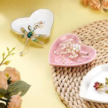JAMEND CLXP Pink Heart Jewelry Tray, Engagement Wedding Ring Dish Earring Holder for Newlyweds, Sweet Gift for Mother Girls Women, Ceramic.NO ROSE.