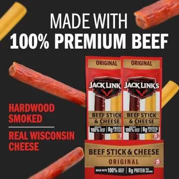 Jack Link's Original Beef & Cheese Combo Snack Pack – 100% Beef Stick and Cheese Stick Made with Real Wisconsin Cheese - 8g Protein and 140 Calories per serving, 1.2 oz. (Pack of 16)