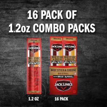 Jack Link's Original Beef & Cheese Combo Snack Pack – 100% Beef Stick and Cheese Stick Made with Real Wisconsin Cheese - 8g Protein and 140 Calories per serving, 1.2 oz. (Pack of 16)