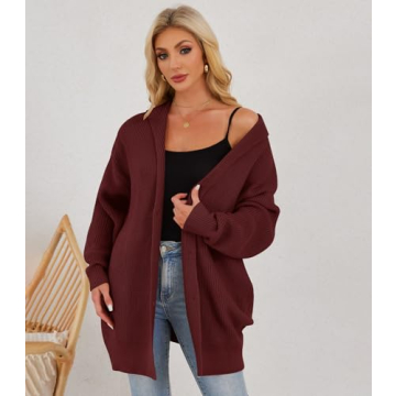 Womens Oversized Cardigans Open Front Knit Cardigan Sweater Drape Chunky Button Down Casual Fall Outerwear with Pockets Wine Red