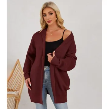 Womens Oversized Cardigans Open Front Knit Cardigan Sweater Drape Chunky Button Down Casual Fall Outerwear with Pockets Wine Red