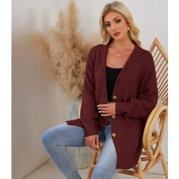 Womens Oversized Cardigans Open Front Knit Cardigan Sweater Drape Chunky Button Down Casual Fall Outerwear with Pockets Wine Red