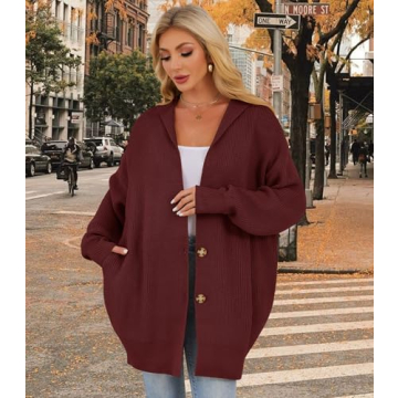 Womens Oversized Cardigans Open Front Knit Cardigan Sweater Drape Chunky Button Down Casual Fall Outerwear with Pockets Wine Red