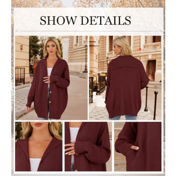 Womens Oversized Cardigans Open Front Knit Cardigan Sweater Drape Chunky Button Down Casual Fall Outerwear with Pockets Wine Red