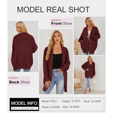 Womens Oversized Cardigans Open Front Knit Cardigan Sweater Drape Chunky Button Down Casual Fall Outerwear with Pockets Wine Red