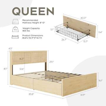 Yechen Queen Bed Frame with Natural Rattan Headboard and Wooden 4 Storage Drawers, Metal Platform with Strong Wooden Slats Support, Boho Cane Bed Mattress Foundation, No Box Spring Needed