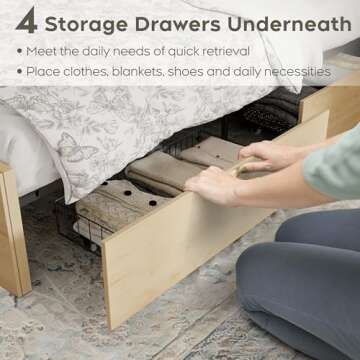 Yechen Queen Bed Frame with Natural Rattan Headboard and Wooden 4 Storage Drawers, Metal Platform with Strong Wooden Slats Support, Boho Cane Bed Mattress Foundation, No Box Spring Needed