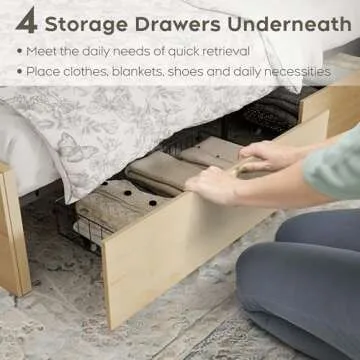 Yechen Queen Bed Frame with Natural Rattan Headboard and Wooden 4 Storage Drawers, Metal Platform with Strong Wooden Slats Support, Boho Cane Bed Mattress Foundation, No Box Spring Needed