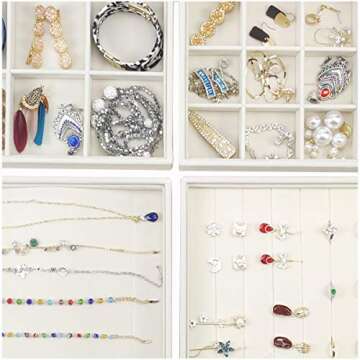 GISK Stackable Set of 4 Velvet Jewelry Trays Set Organizer Jewelry Storage Jewelry Display Trays for Drawer, Earring Necklace Bracelet Ring Organizer(White)