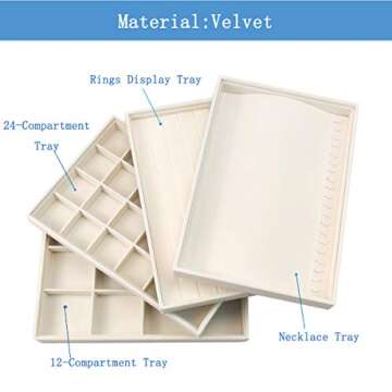 GISK Stackable Set of 4 Velvet Jewelry Trays Set Organizer Jewelry Storage Jewelry Display Trays for Drawer, Earring Necklace Bracelet Ring Organizer(White)