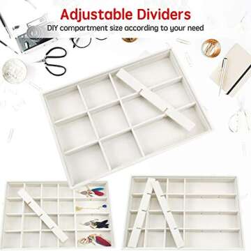 GISK Stackable Set of 4 Velvet Jewelry Trays Set Organizer Jewelry Storage Jewelry Display Trays for Drawer, Earring Necklace Bracelet Ring Organizer(White)