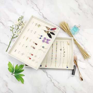 GISK Stackable Set of 4 Velvet Jewelry Trays Set Organizer Jewelry Storage Jewelry Display Trays for Drawer, Earring Necklace Bracelet Ring Organizer(White)