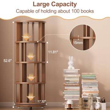 KASLANDI Solid Wood Rotating Bookshelf with Brake Wheels, 360° Display 4 Tier Floor Stackable Spinning Bookshelf Tower for Kids & Adults, Revolving Bookcase for Small Space, Corner (Walnut)