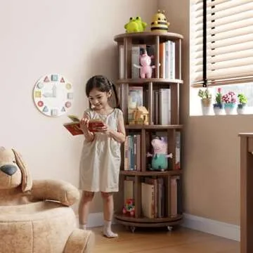 KASLANDI Solid Wood Rotating Bookshelf with Brake Wheels, 360° Display 4 Tier Floor Stackable Spinning Bookshelf Tower for Kids & Adults, Revolving Bookcase for Small Space, Corner (Walnut)