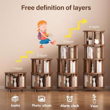 KASLANDI Solid Wood Rotating Bookshelf with Brake Wheels, 360° Display 4 Tier Floor Stackable Spinning Bookshelf Tower for Kids & Adults, Revolving Bookcase for Small Space, Corner (Walnut)
