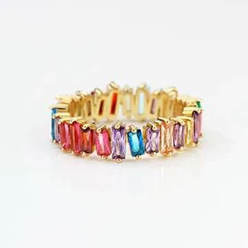 Michooyel Eternity Rainbow Ring for Women 18K Gold Plated